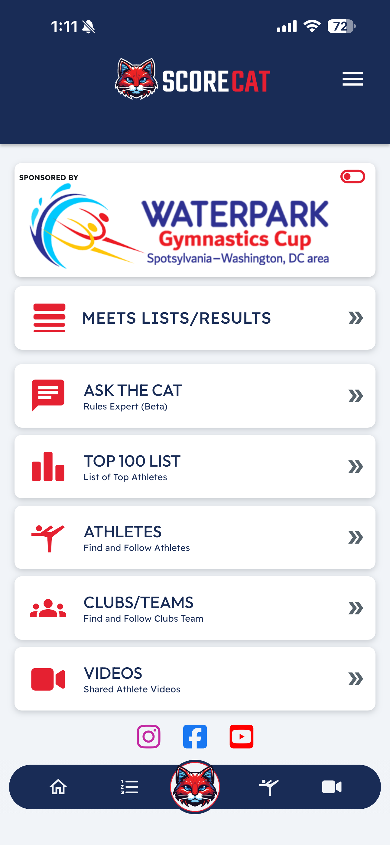 ScoreCat home menu: Meets, Ask the Cat, Top 100, Athletes, Clubs, Videos