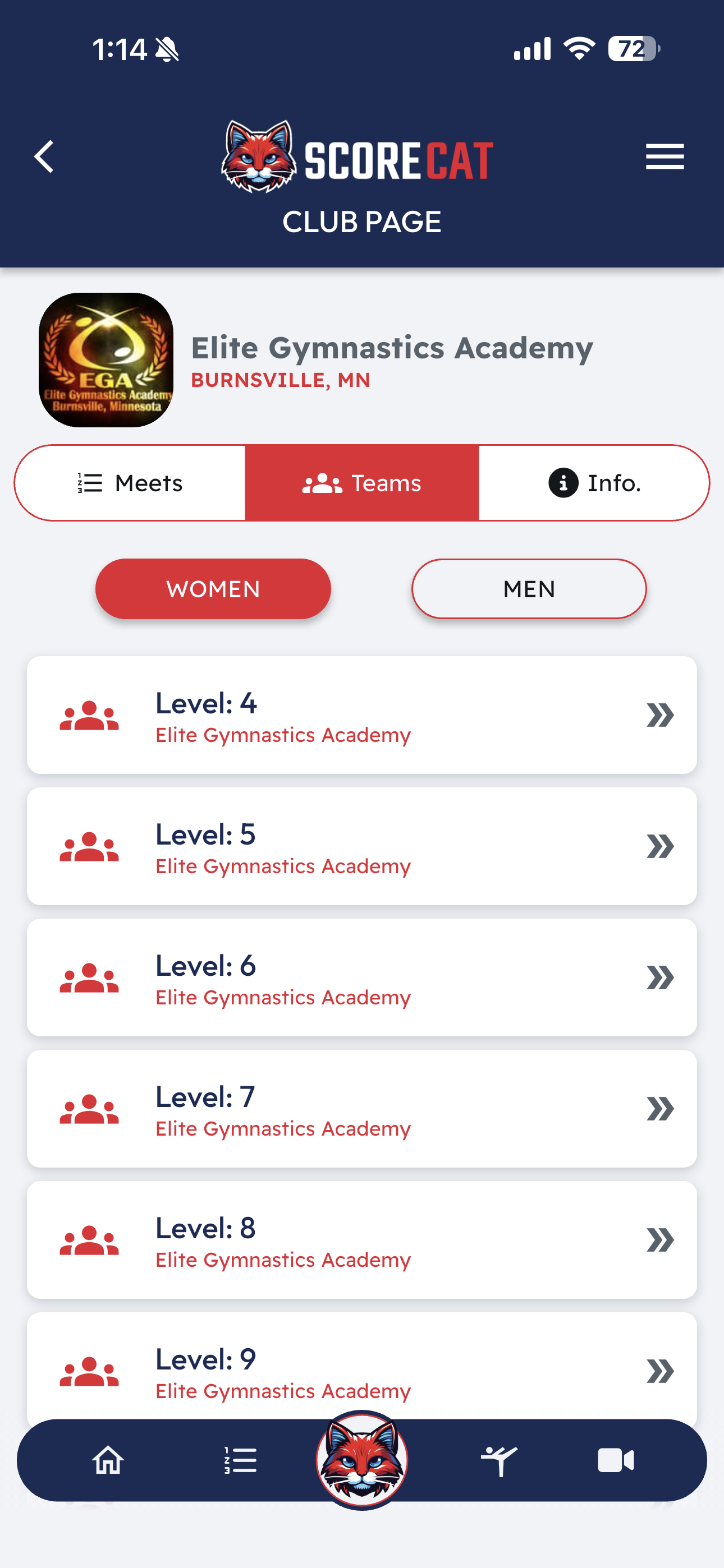 Club page — Teams tab showing the club's women's levels