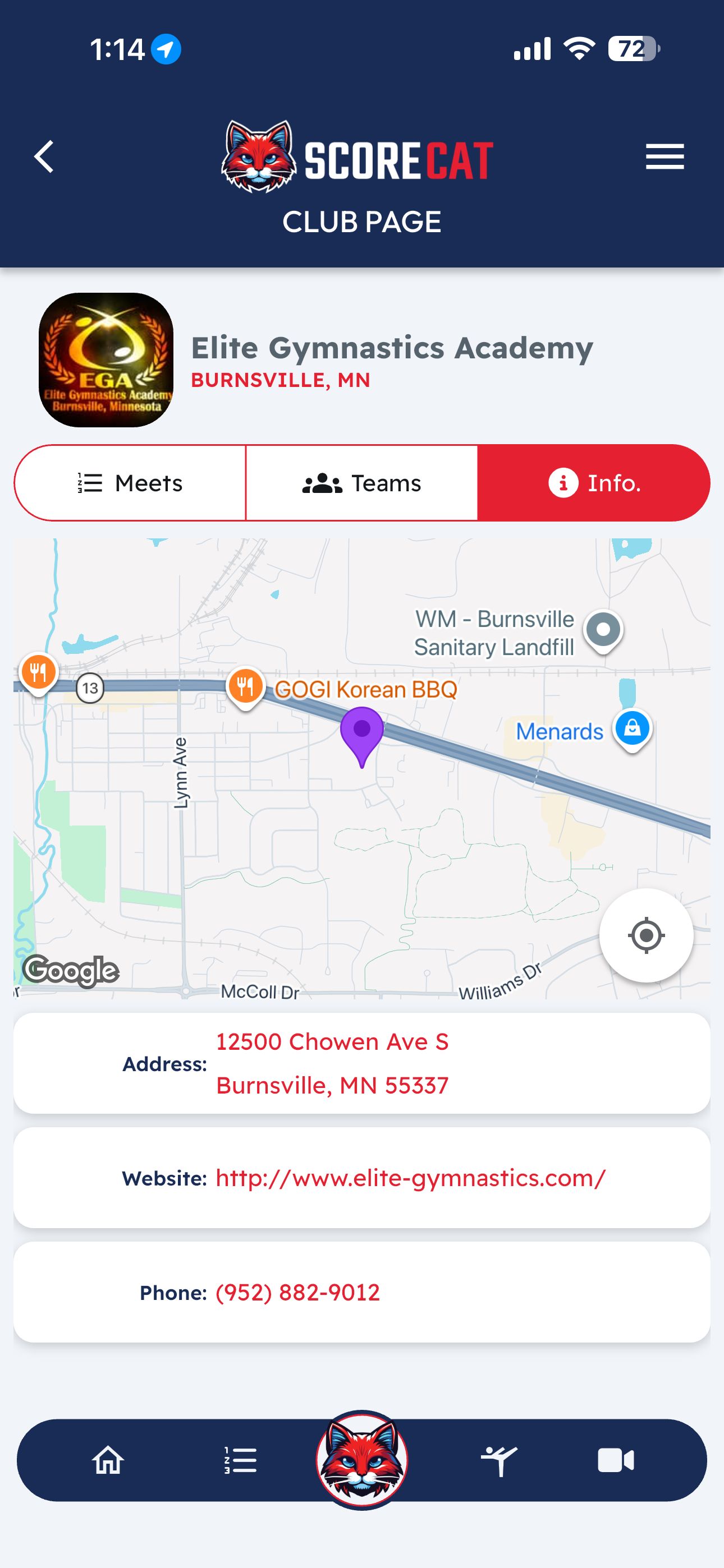 Club page — Info tab with address, website, phone and map