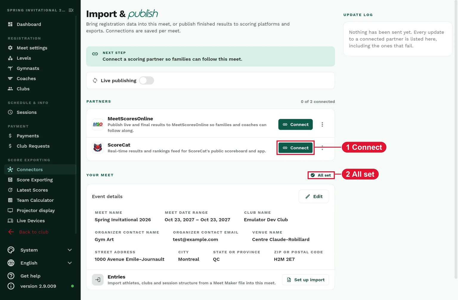 Gym Art Import and publish page with the ScoreCat Connect button highlighted